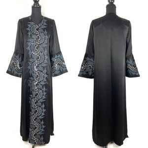 Black Embroidered Kaftan Dress M Blue Silver Floral Formal Maxi Boho Luxe Caftan